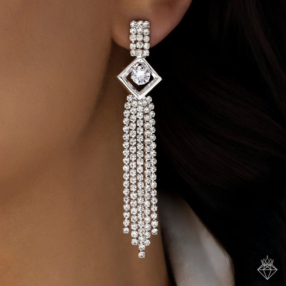 Luxurious Silver Crystal Tassel Drop Earrings