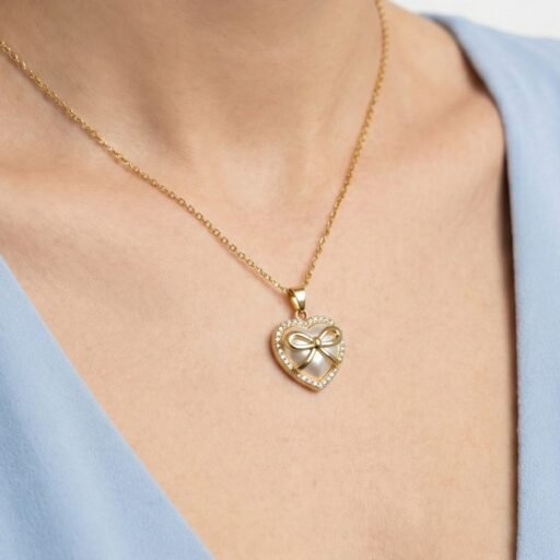 Romantic Gold-Plated Heart & Bow Pendant