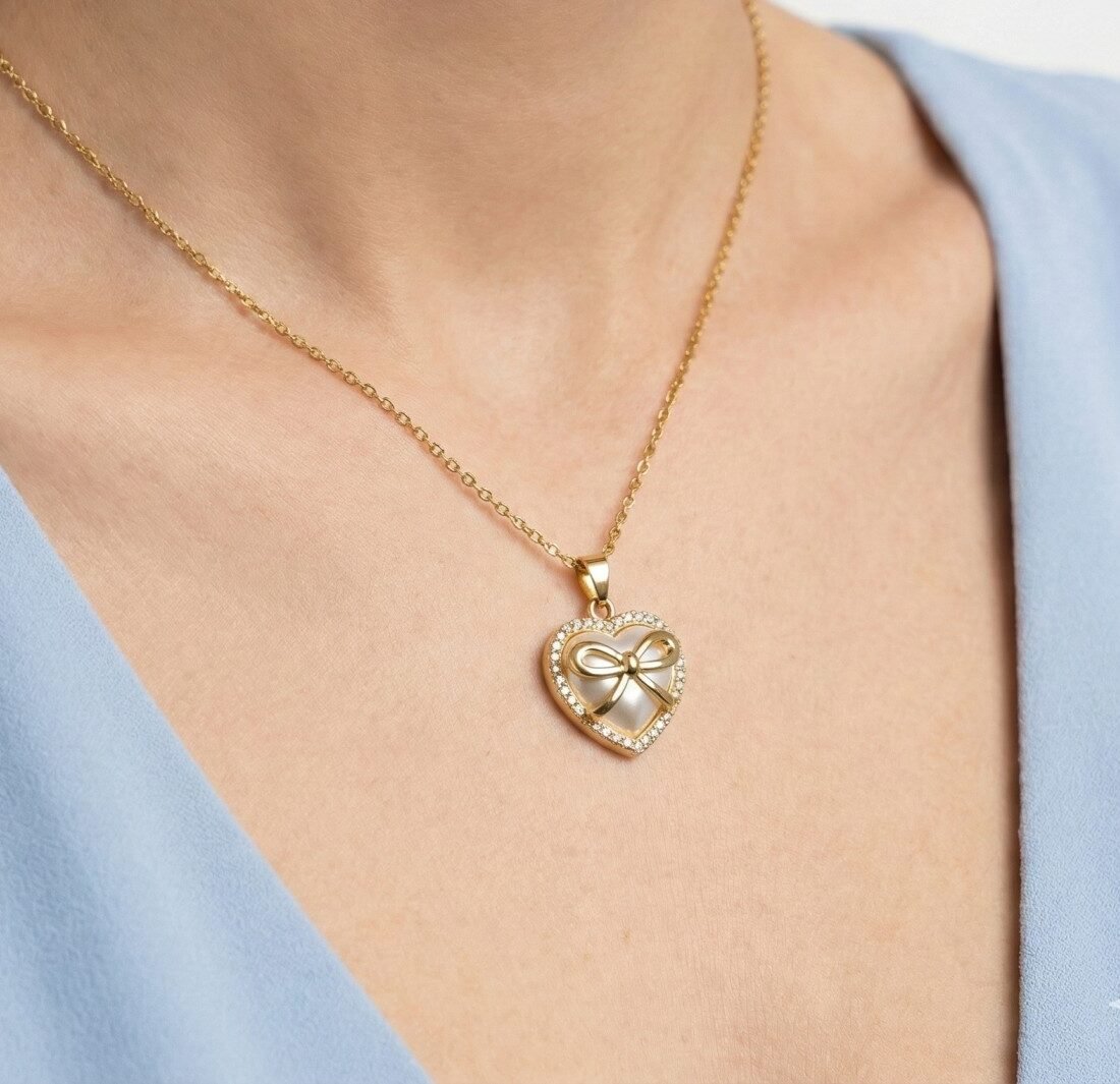 Romantic Gold-Plated Heart & Bow Pendant