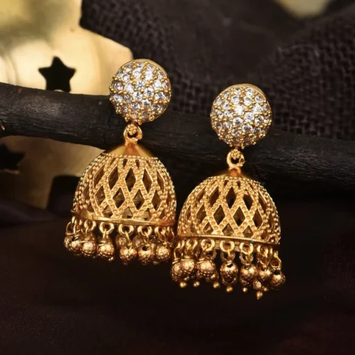 Gold Plated American Diamond Lattice Jhumka Earrings