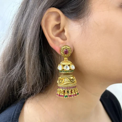 Ethnic Ruby & Emerald Motif Gold Tone Jhumki